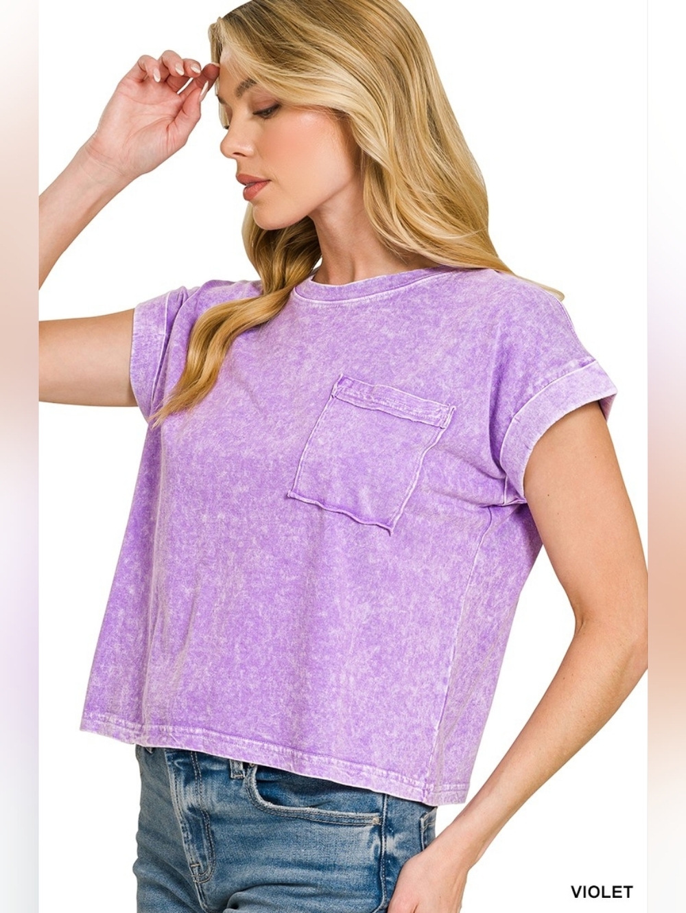 Zenana Halo Snow Washed Cotton Cuffed Short Sleeve Top- New Arrival!! - Picture 2 of 5